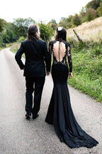 BMbride Black Long Sleeves Mermaid Wedding Dress with Sweep Train BMbride