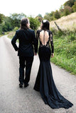 BMbride Black Long Sleeves Mermaid Wedding Dress with Sweep Train BMbride