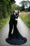 BMbride Black Long Sleeves Mermaid Wedding Dress with Sweep Train BMbride