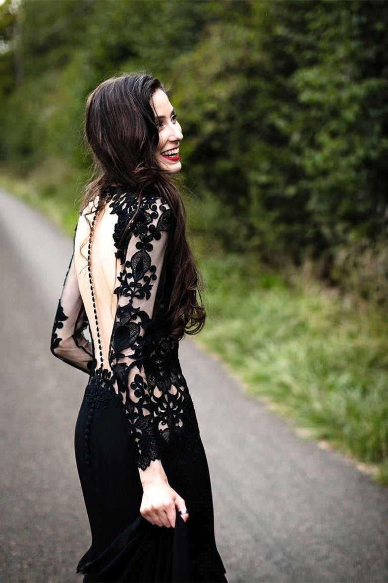 BMbride Black Long Sleeves Mermaid Wedding Dress with Sweep Train BMbride