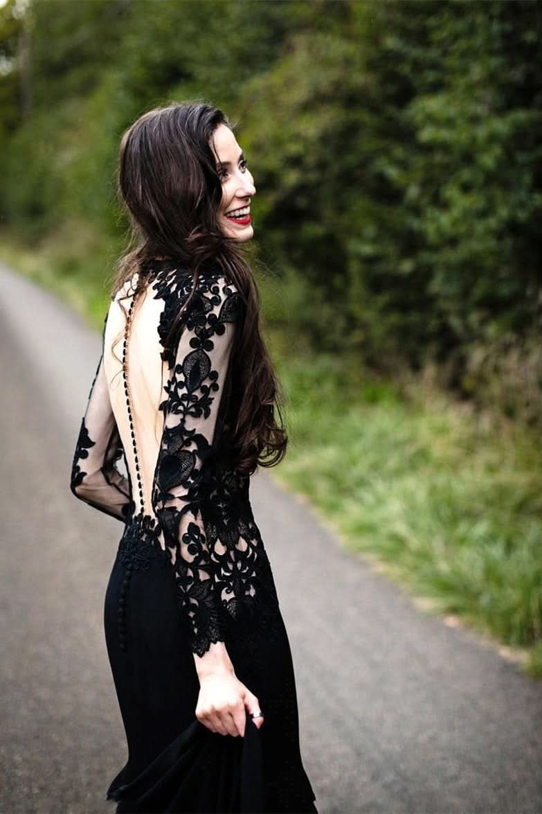 BMbride Black Long Sleeves Mermaid Wedding Dress with Sweep Train BMbride