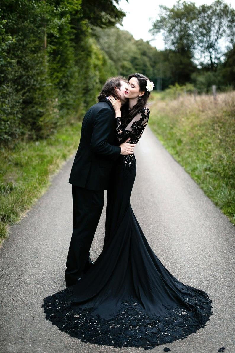 BMbride Black Long Sleeves Mermaid Wedding Dress with Sweep Train BMbride