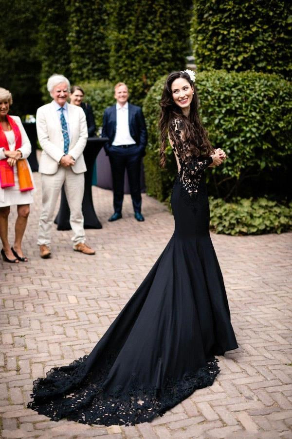 BMbride Black Long Sleeves Mermaid Wedding Dress with Sweep Train BMbride