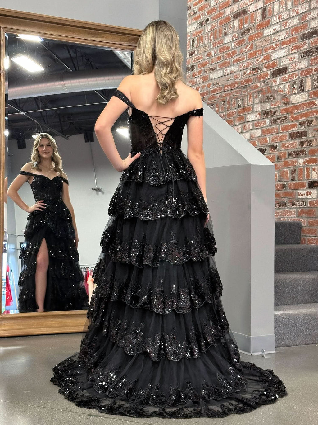 Stunning Black Princess A-Line Off-the-Shoulder Corset Prom Dress with Lace Ruffles BM bride
