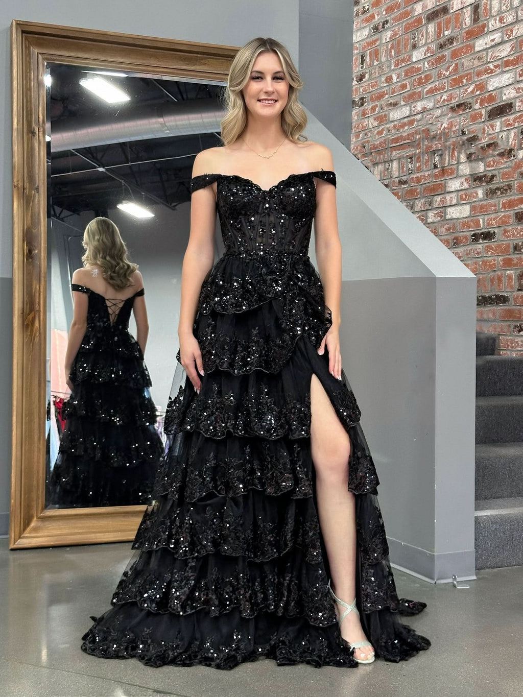 Stunning Black Princess A-Line Off-the-Shoulder Corset Prom Dress with Lace Ruffles BM bride