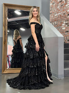 Stunning Black Princess A-Line Off-the-Shoulder Corset Prom Dress with Lace Ruffles BM bride