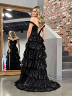 Stunning Black Princess A-Line Off-the-Shoulder Corset Prom Dress with Lace Ruffles BM bride