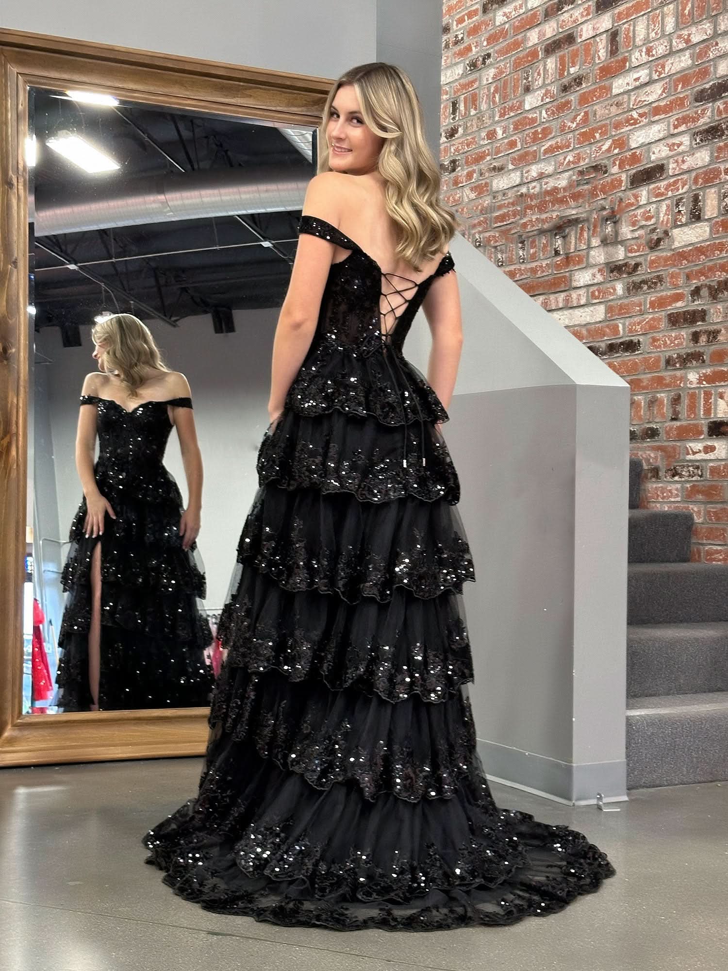 Stunning Black Princess A-Line Off-the-Shoulder Corset Prom Dress with Lace Ruffles BM bride