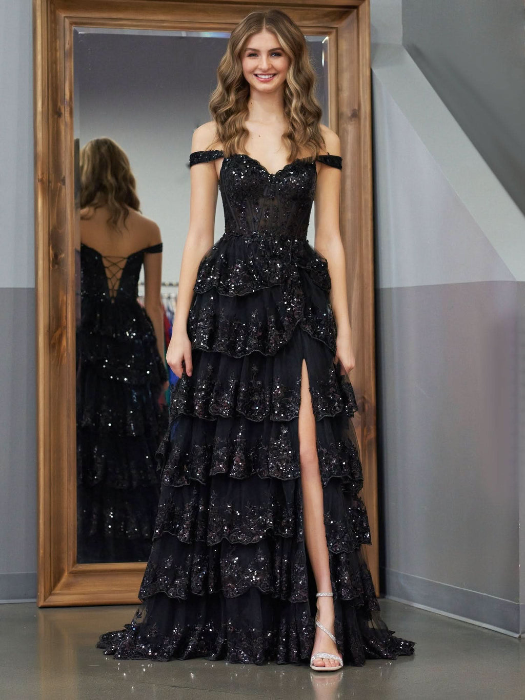 Stunning Black Princess A-Line Off-the-Shoulder Corset Prom Dress with Lace Ruffles BM bride