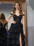 Stunning Black Princess A-Line Off-the-Shoulder Corset Prom Dress with Lace Ruffles BM bride