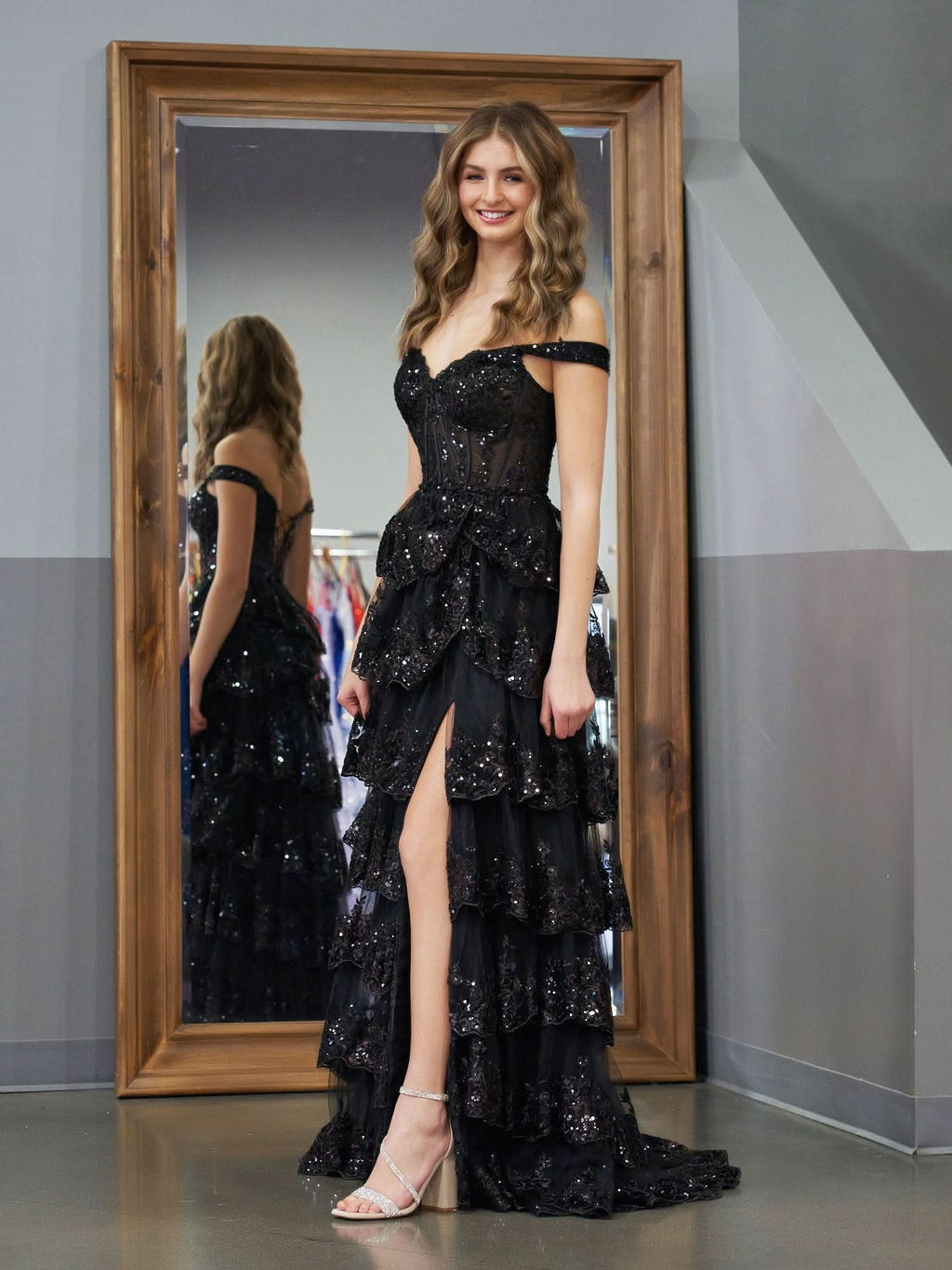 Stunning Black Princess A-Line Off-the-Shoulder Corset Prom Dress with Lace Ruffles BM bride