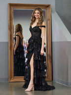 Stunning Black Princess A-Line Off-the-Shoulder Corset Prom Dress with Lace Ruffles BM bride
