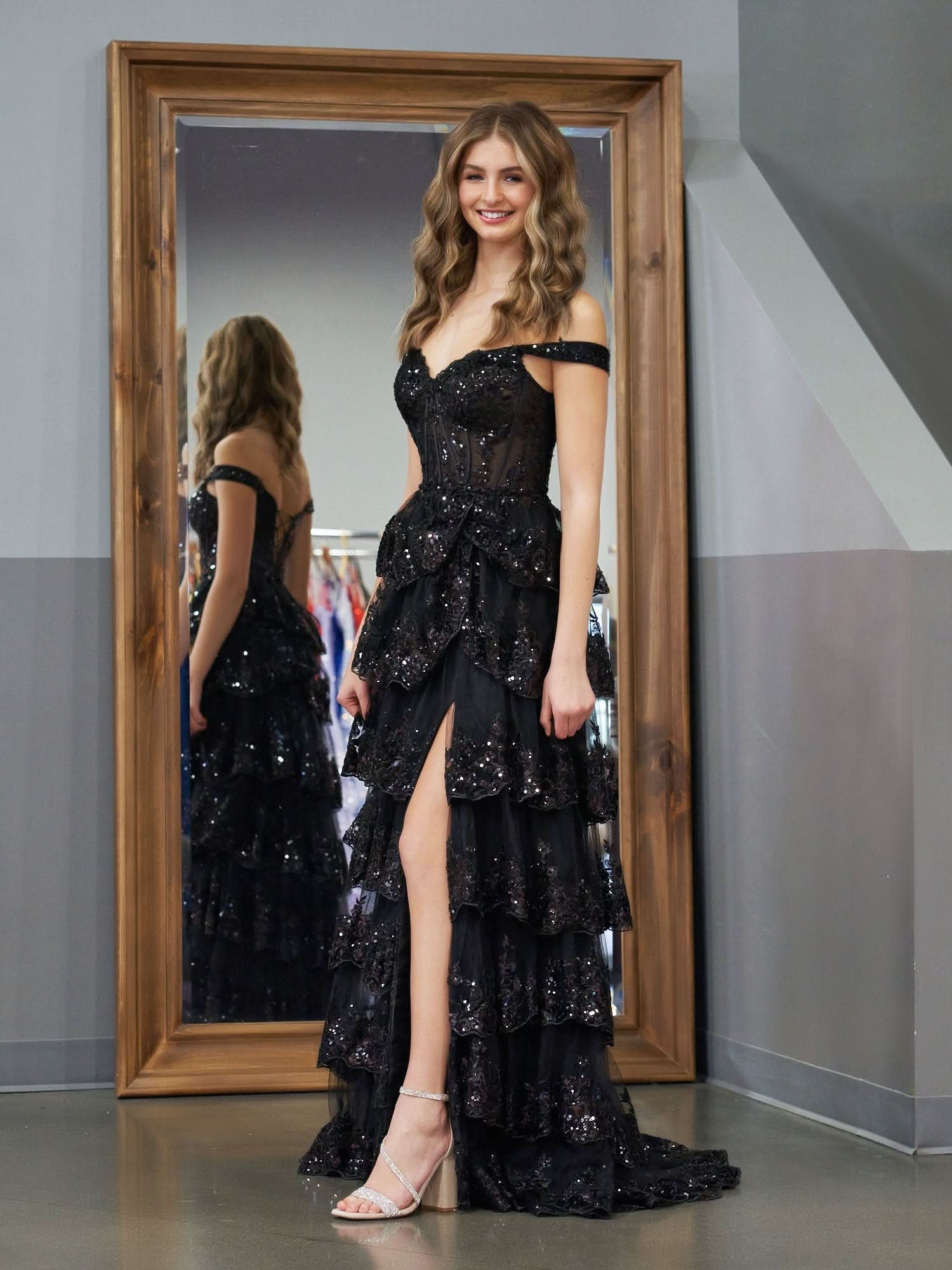 Stunning Black Princess A-Line Off-the-Shoulder Corset Prom Dress with Lace Ruffles BM bride