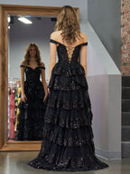 Stunning Black Princess A-Line Off-the-Shoulder Corset Prom Dress with Lace Ruffles BM bride