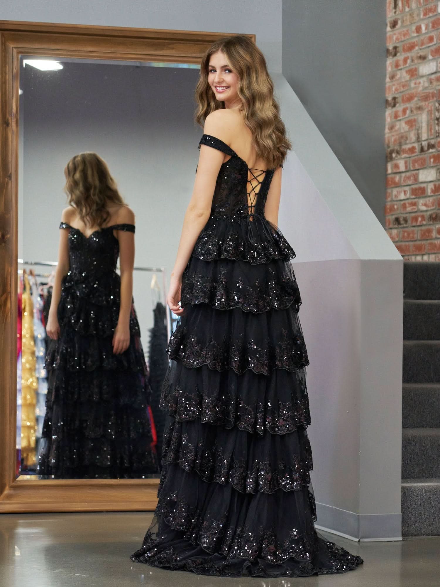 Stunning Black Princess A-Line Off-the-Shoulder Corset Prom Dress with Lace Ruffles BM bride