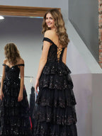 Stunning Black Princess A-Line Off-the-Shoulder Corset Prom Dress with Lace Ruffles BM bride