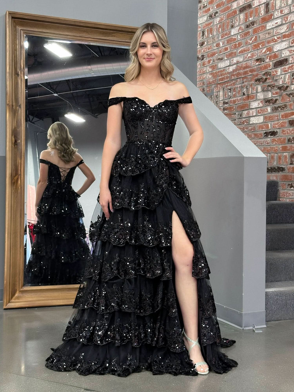 Stunning Black Princess A-Line Off-the-Shoulder Corset Prom Dress with Lace Ruffles BM bride