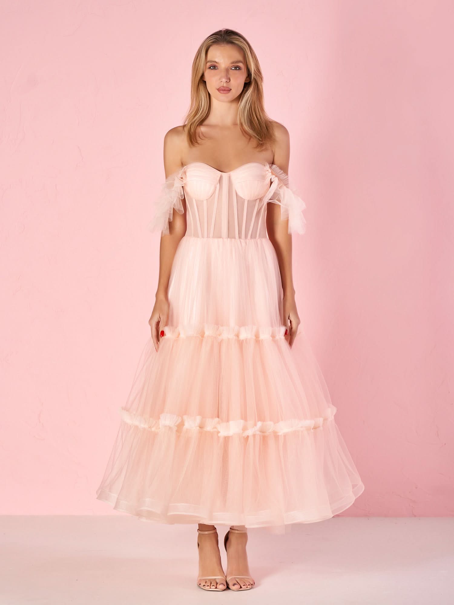 Elegant A-Line Corset Ruffled Tulle Prom Dress BM bride