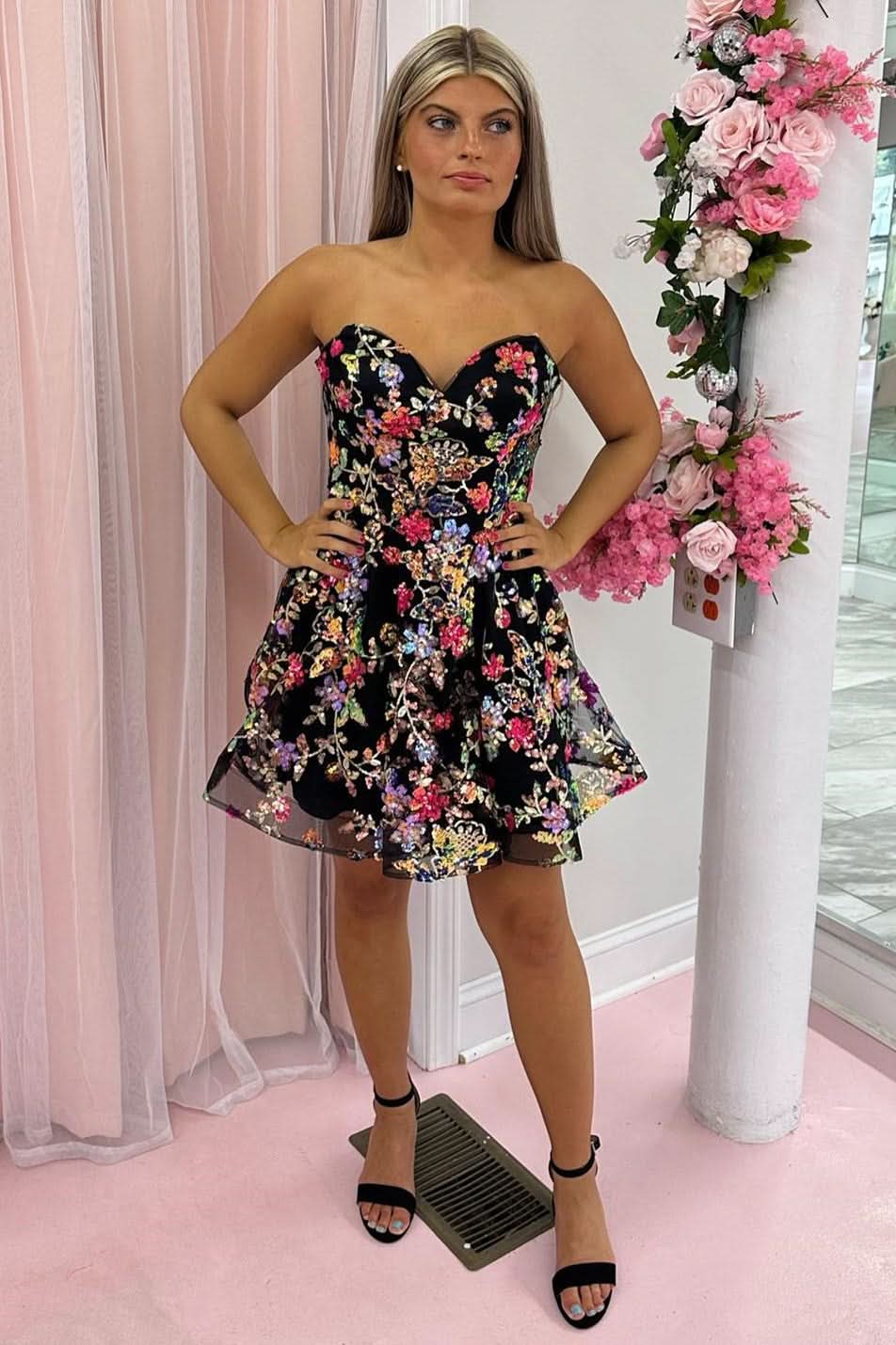 Black Sequin Lace Sweetheart A-Line Short Party Dress BM bride