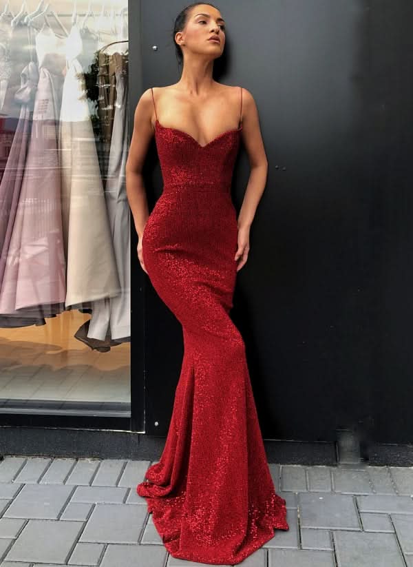 BMbride Black Sheath Spaghetti Straps Open Back Sequins Prom Dresses BMbride