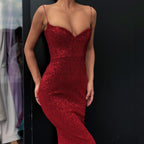 BMbride Black Sheath Spaghetti Straps Open Back Sequins Prom Dresses BMbride