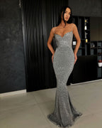 BMbride Black Sheath Spaghetti Straps Open Back Sequins Prom Dresses BMbride