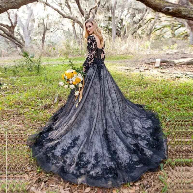 Black Wedding Dresses for Bride Long Sleeve Bridal Gowns V Neck Lace Appliques Wedding Gowns with Train - Bmbride