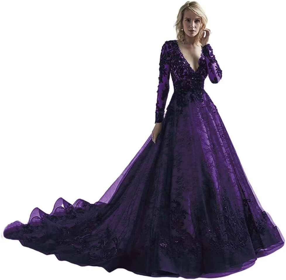 Black Wedding Dresses for Bride Long Sleeve Bridal Gowns V Neck Lace Appliques Wedding Gowns with Train - Bmbride