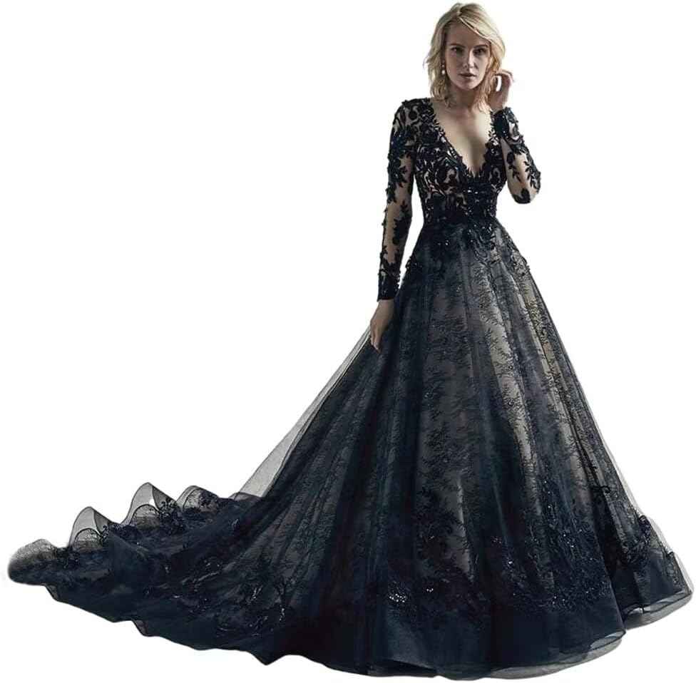 Black Wedding Dresses for Bride Long Sleeve Bridal Gowns V Neck Lace Appliques Wedding Gowns with Train - Bmbride