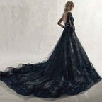 Black Wedding Dresses for Bride Long Sleeve Bridal Gowns V Neck Lace Appliques Wedding Gowns with Train - Bmbride