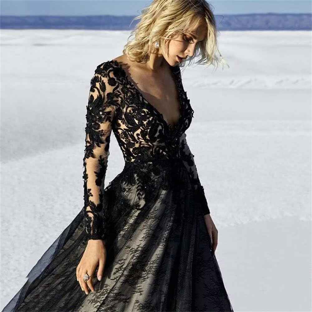Black Wedding Dresses for Bride Long Sleeve Bridal Gowns V Neck Lace Appliques Wedding Gowns with Train - Bmbride