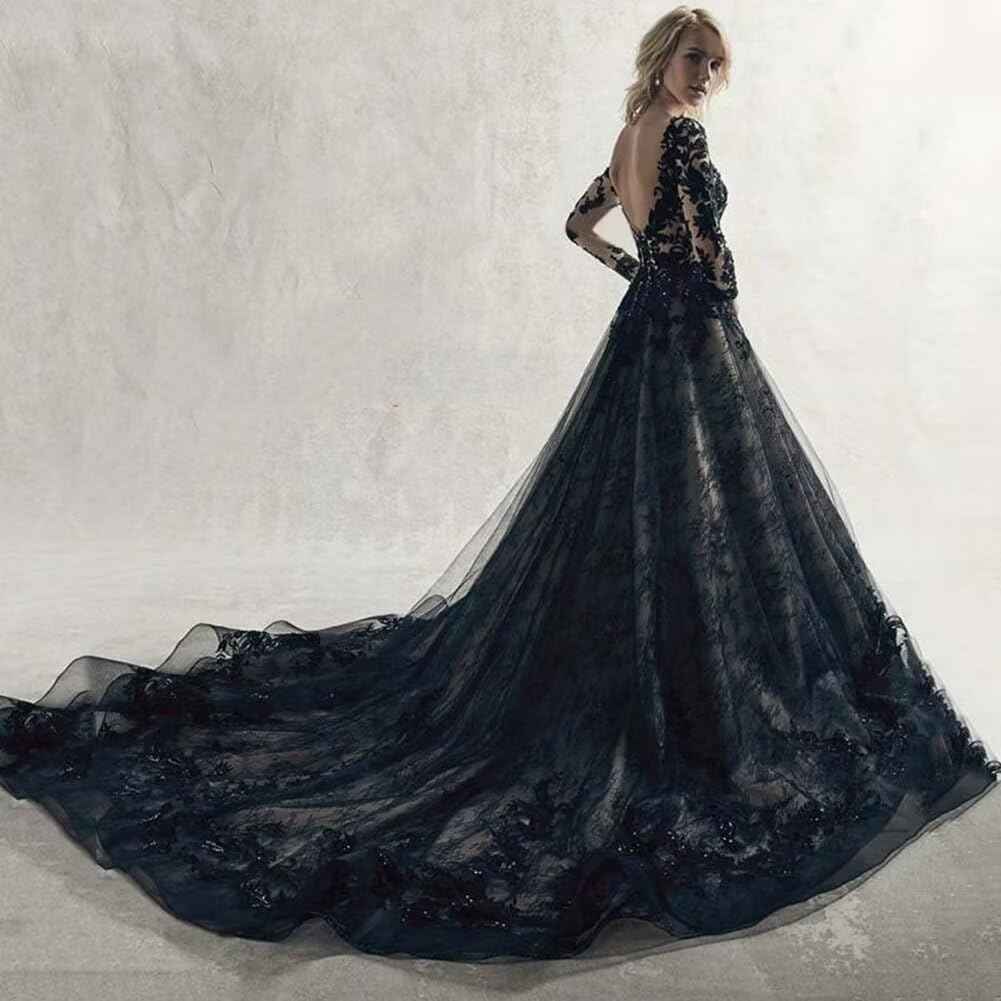 Black Wedding Dresses for Bride Long Sleeve Bridal Gowns V Neck Lace Appliques Wedding Gowns with Train - Bmbride