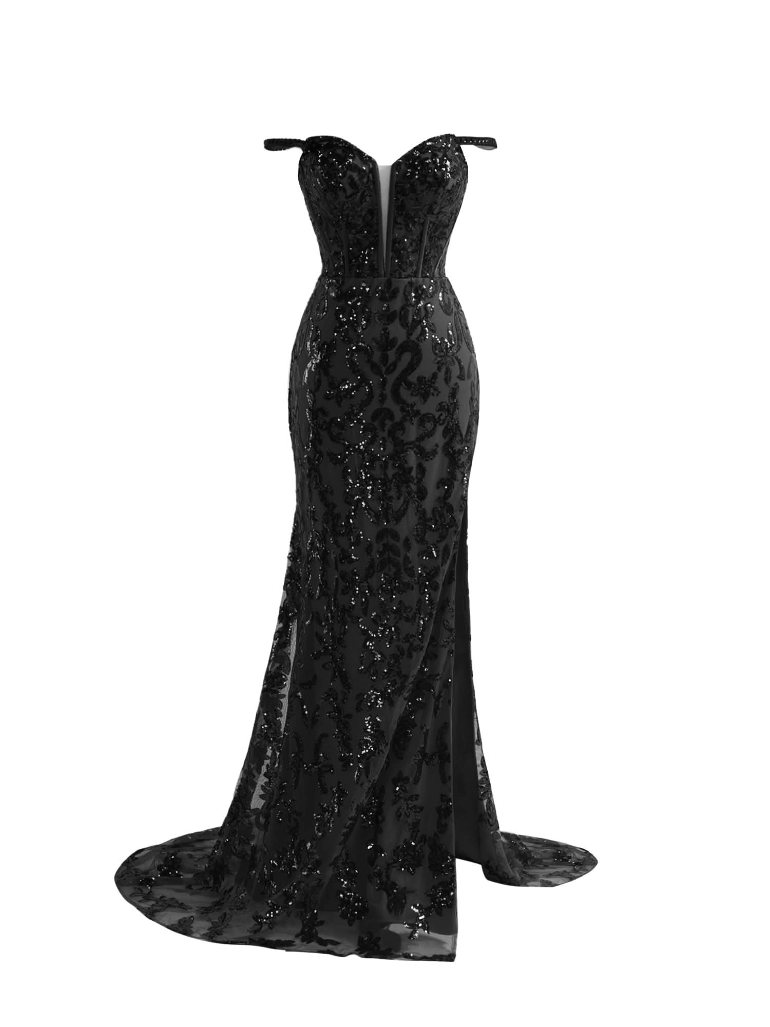 Elegant Black Sheath Sequins Long Prom Dress with Slit BM bride
