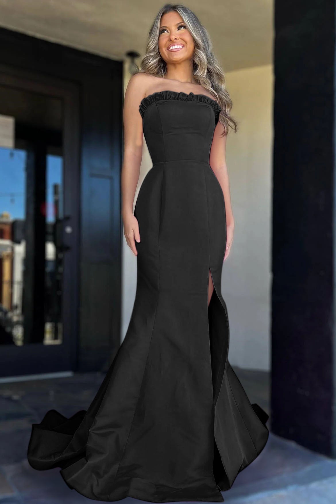 Bold Strapless Magenta Ruffle Mermaid Slit Long Prom Dress BM bride