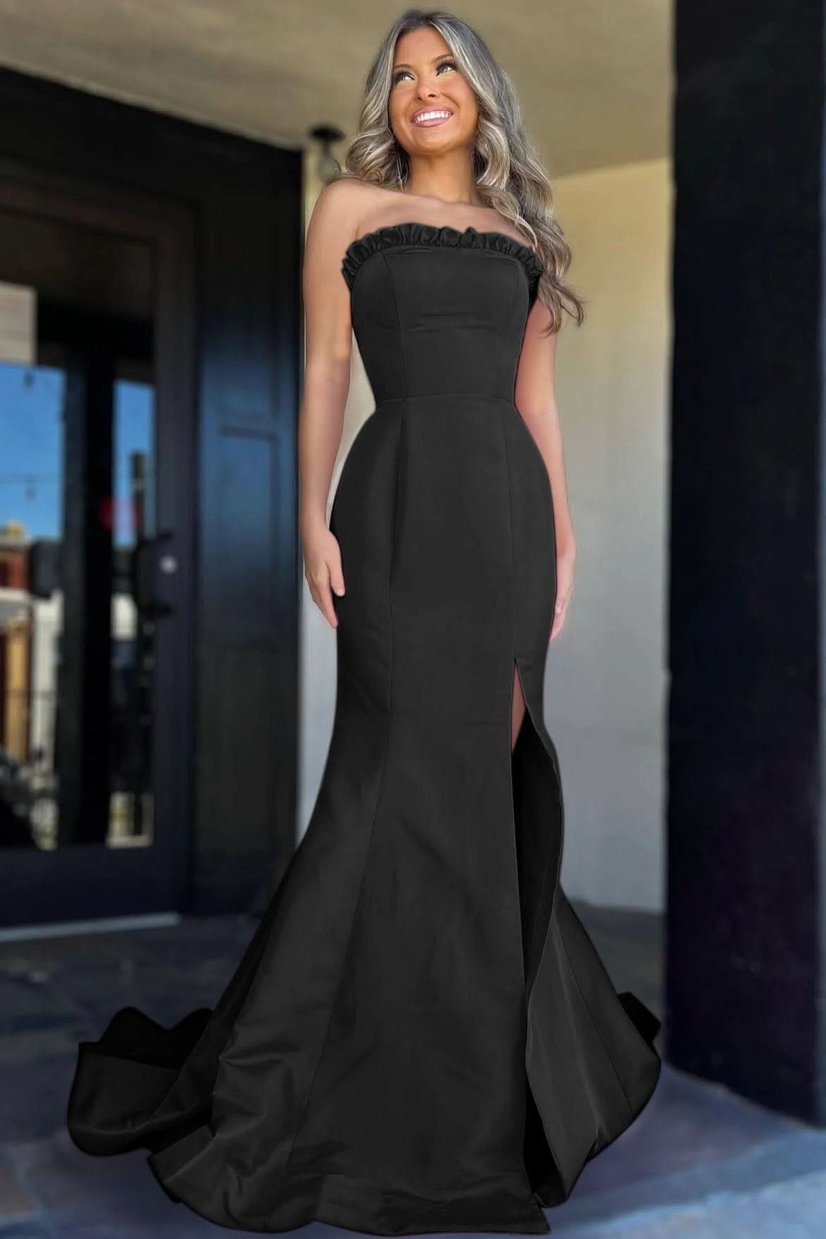 Bold Strapless Magenta Ruffle Mermaid Slit Long Prom Dress BM bride