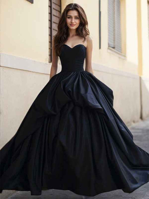 Black A Line Strapless Sweetheart Satin Long Prom Dress BMBRIDE