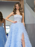 Stylish Sky Blue A-Line Tiered Sequins Tulle Long Prom Dress BM bride