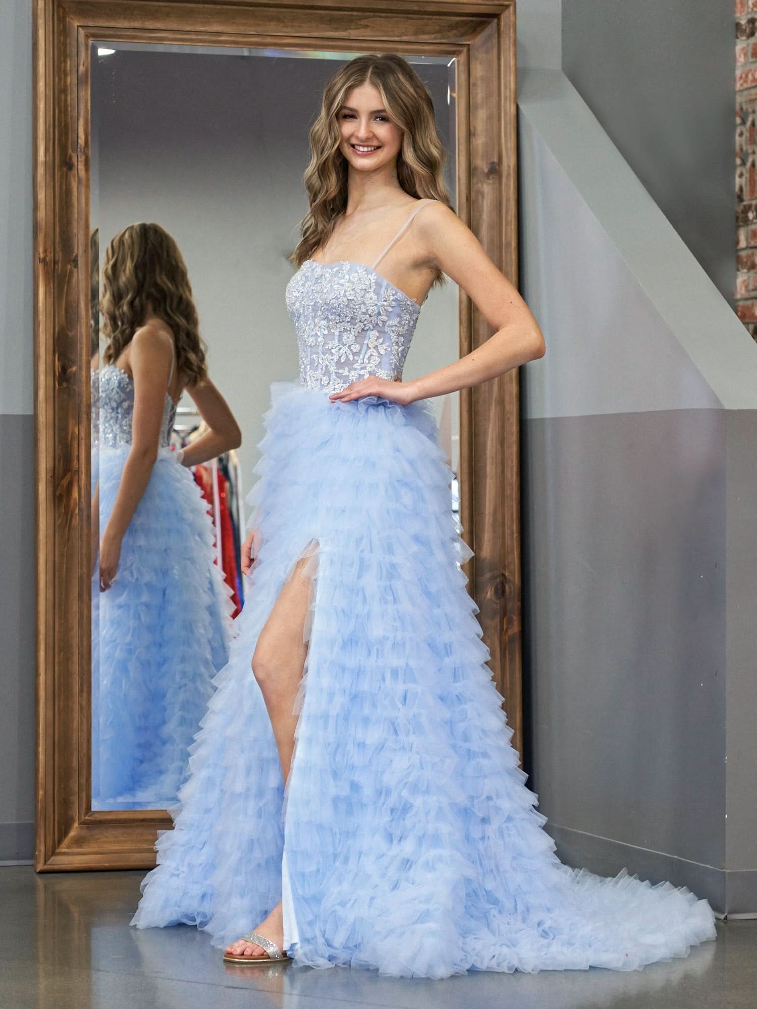 Stylish Sky Blue A-Line Tiered Sequins Tulle Long Prom Dress BM bride