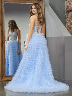 Stylish Sky Blue A-Line Tiered Sequins Tulle Long Prom Dress BM bride
