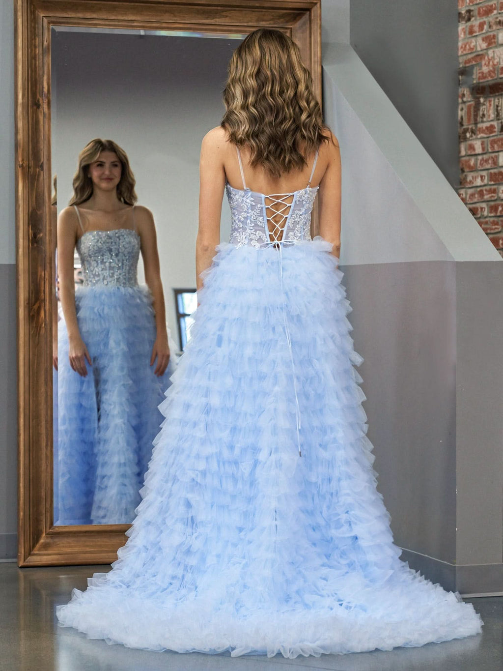 Stylish Sky Blue A-Line Tiered Sequins Tulle Long Prom Dress BM bride
