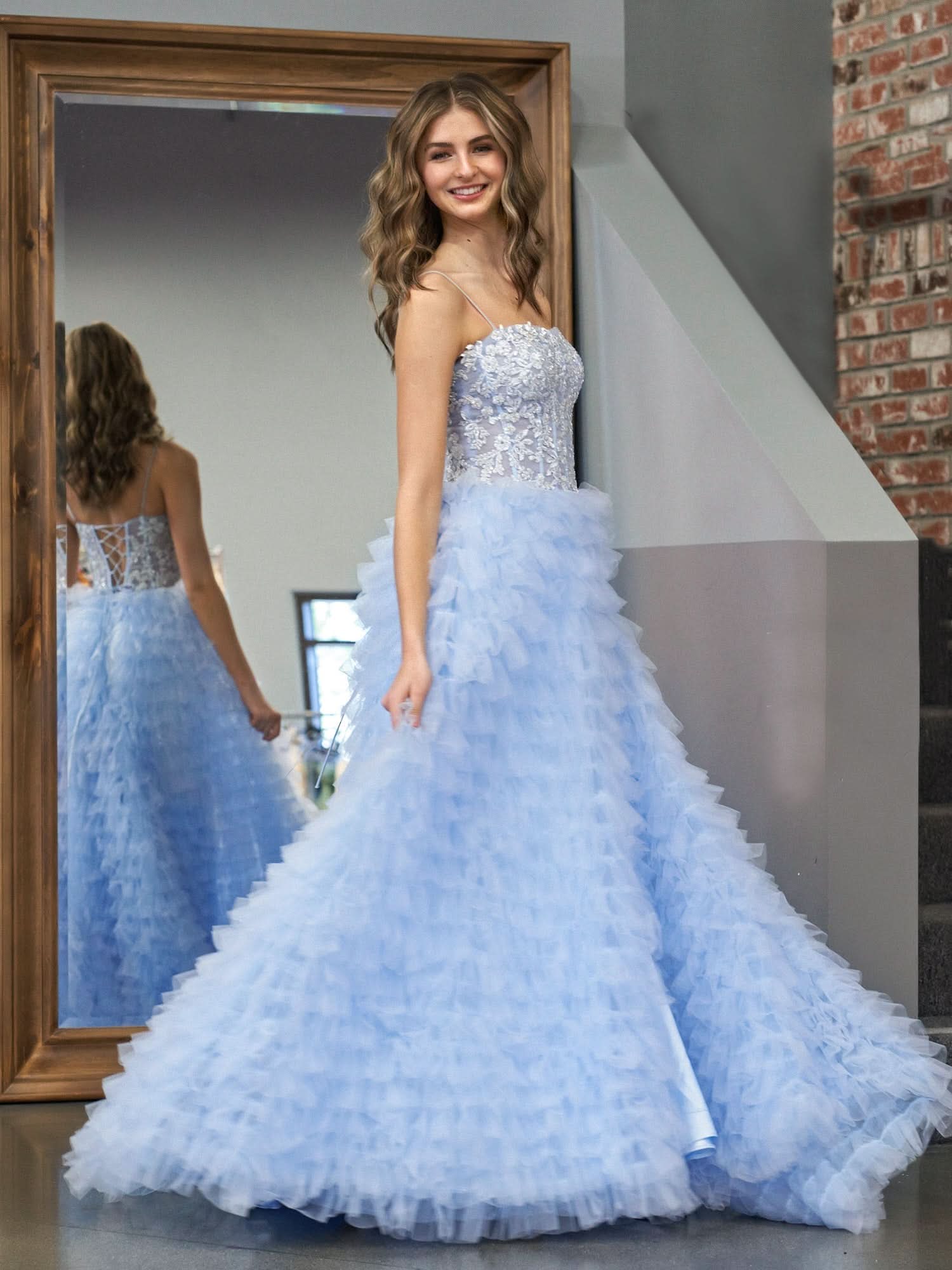 Stylish Sky Blue A-Line Tiered Sequins Tulle Long Prom Dress BM bride