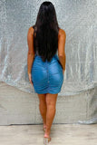 Graceful Blue Cowl-Neck Lace Waist Ruched Cocktail Dress BM bride