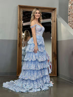 Captivating Blue Crystal Sequins Princess A-Line Off-the-Shoulder Prom Dress with Lace Ruffles BM bride