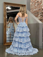 Captivating Blue Crystal Sequins Princess A-Line Off-the-Shoulder Prom Dress with Lace Ruffles BM bride
