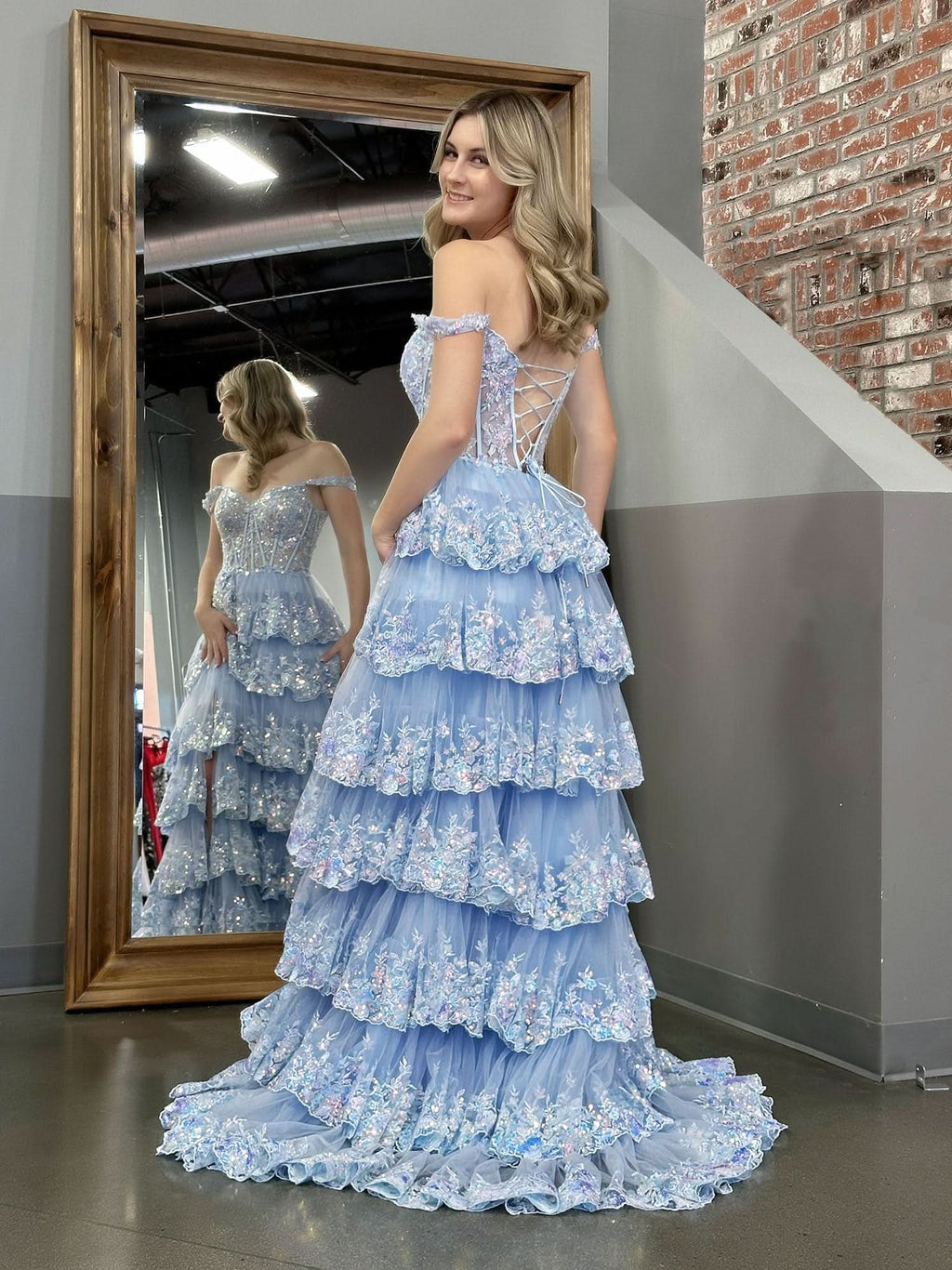 Captivating Blue Crystal Sequins Princess A-Line Off-the-Shoulder Prom Dress with Lace Ruffles BM bride