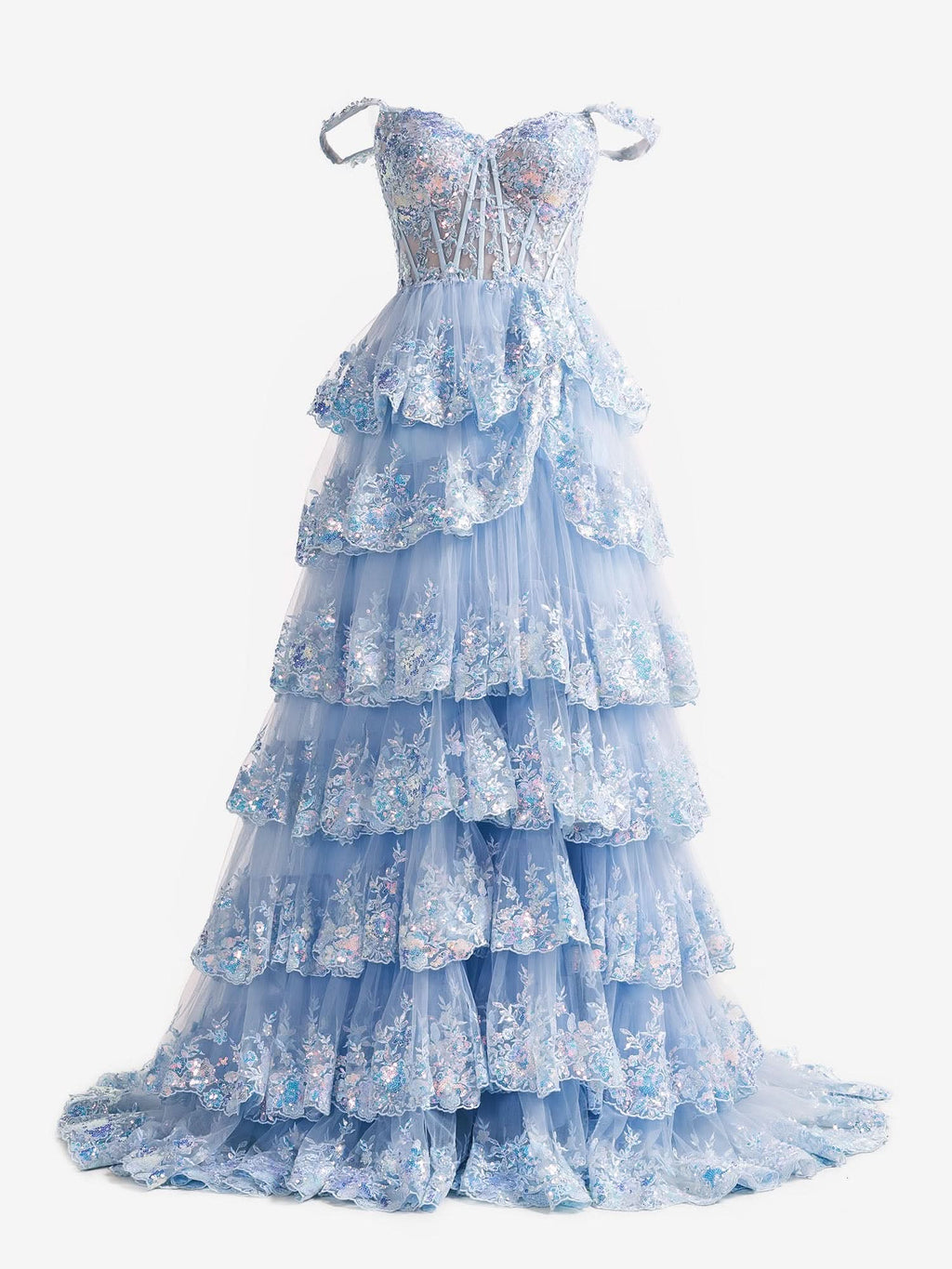 Captivating Blue Crystal Sequins Princess A-Line Off-the-Shoulder Prom Dress with Lace Ruffles BM bride