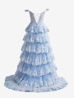 Captivating Blue Crystal Sequins Princess A-Line Off-the-Shoulder Prom Dress with Lace Ruffles BM bride