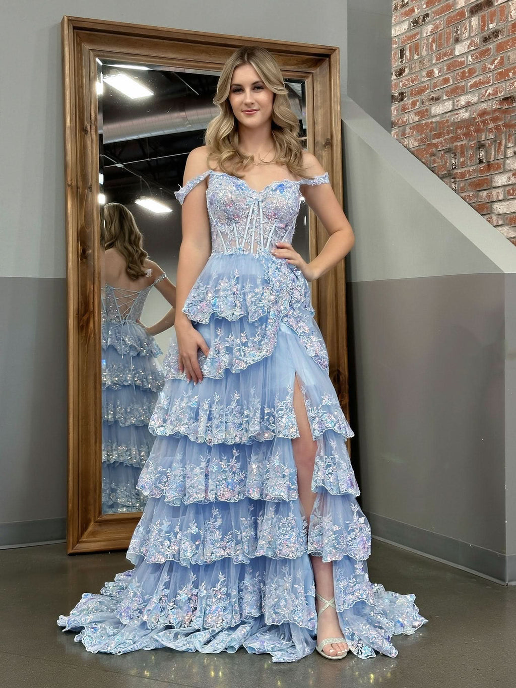 Captivating Blue Crystal Sequins Princess A-Line Off-the-Shoulder Prom Dress with Lace Ruffles BM bride