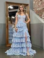 Captivating Blue Crystal Sequins Princess A-Line Off-the-Shoulder Prom Dress with Lace Ruffles BM bride