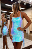 Stunning Blue Iridescent Sequins Lace-Up Sheath Homecoming Dress BM bride